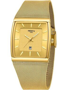 Nibosi Men's Gold Square Analog Quartz Stainless Mesh Strap Waterproof Watch